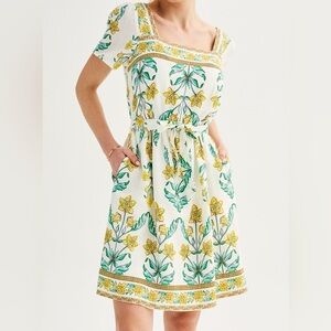 Draper James XXL Linen Floral Summer Smocked Back Square Neck Pockets Dress